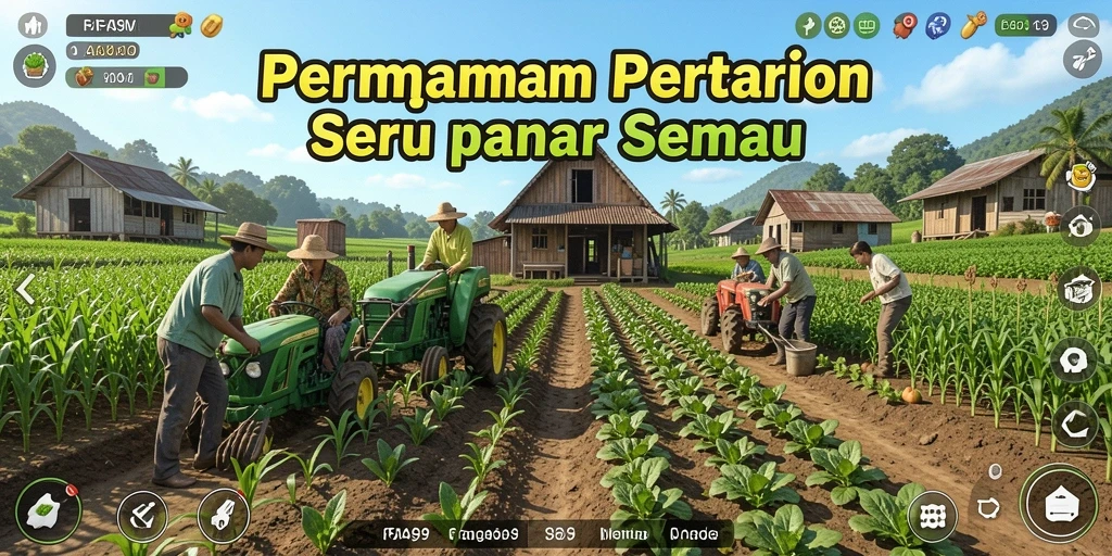 Tampilan gameplay FA99 yang menampilkan ladang yang subur dan beragam tanaman.