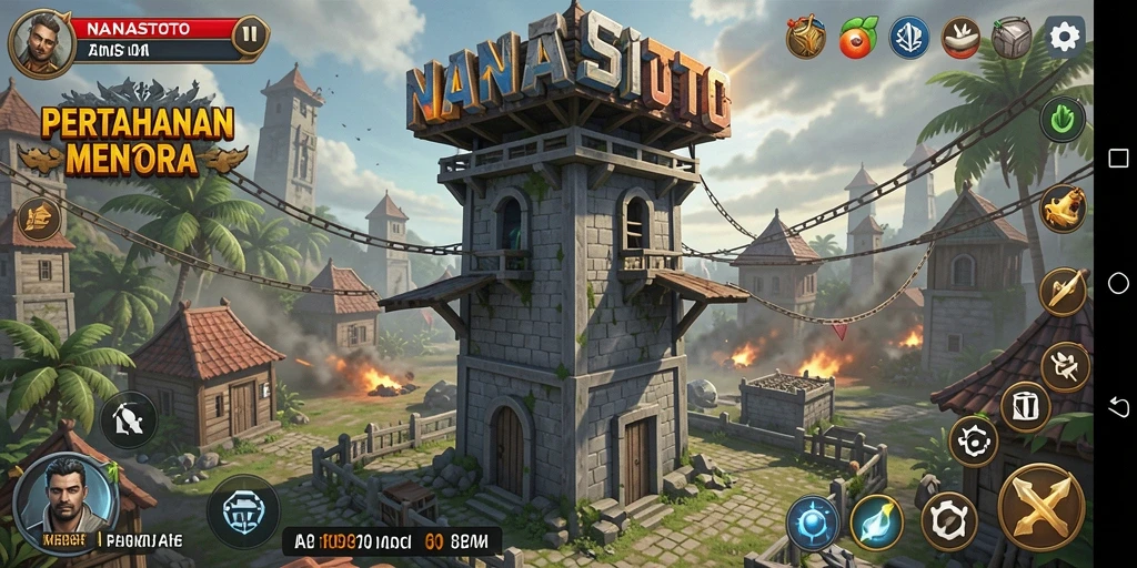 Tangkapan layar Gameplay <strong>NANASTOTO</strong> yang menampilkan aksi pertahanan menara.
