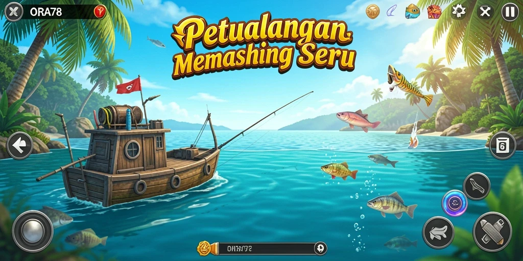 Screenshot ORA78 menampilkan pemain yang asyik menangkap ikan di lokasi memancing indah.