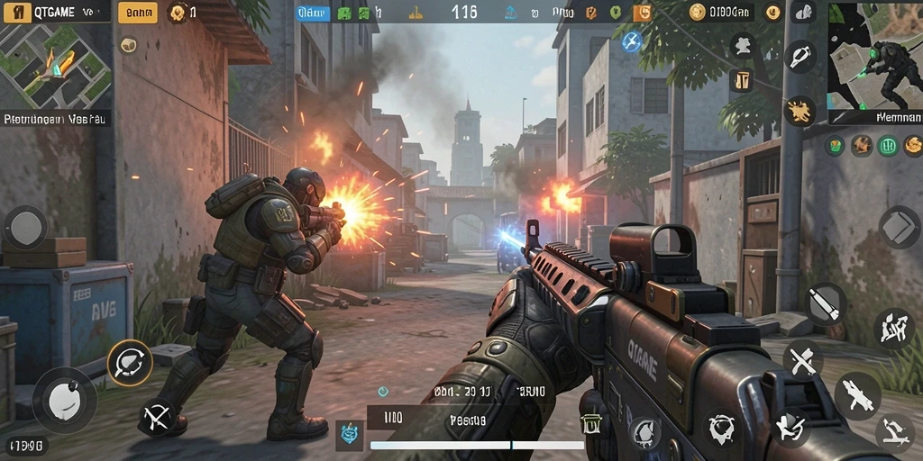 Tampilan aksi menegangkan dalam permainan QTGAME FPS.